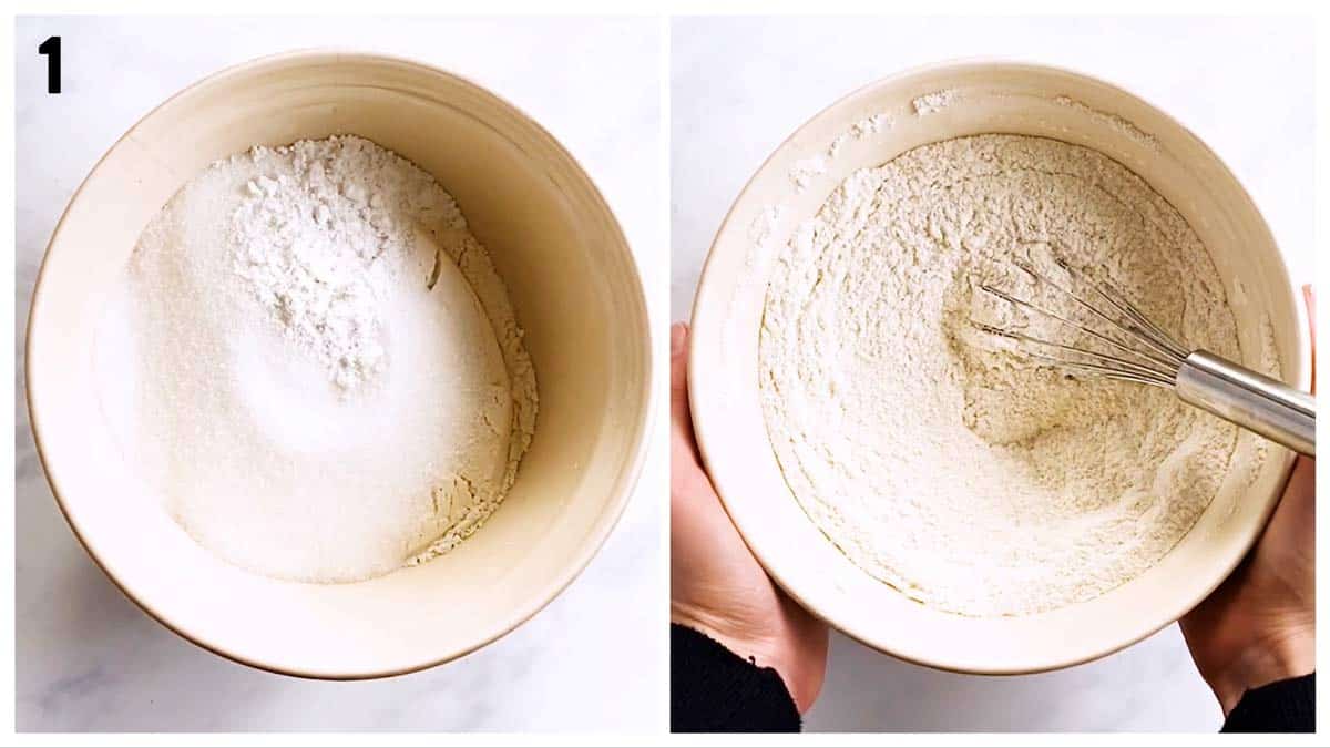 collage of photos to show combining of dry ingredients for baking a quick bread