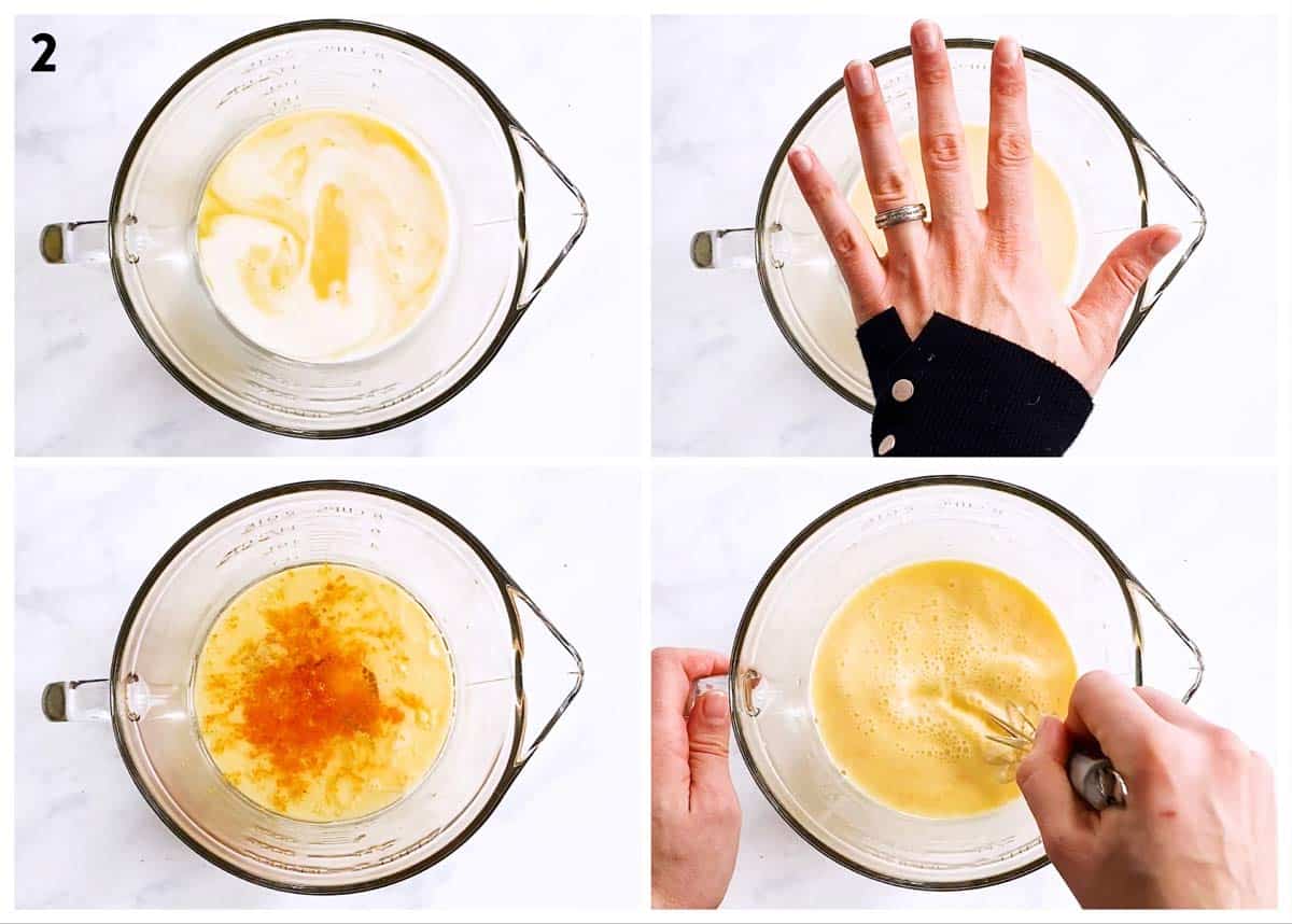 collage of photos to show mixing of wet ingredients for quick bread batter