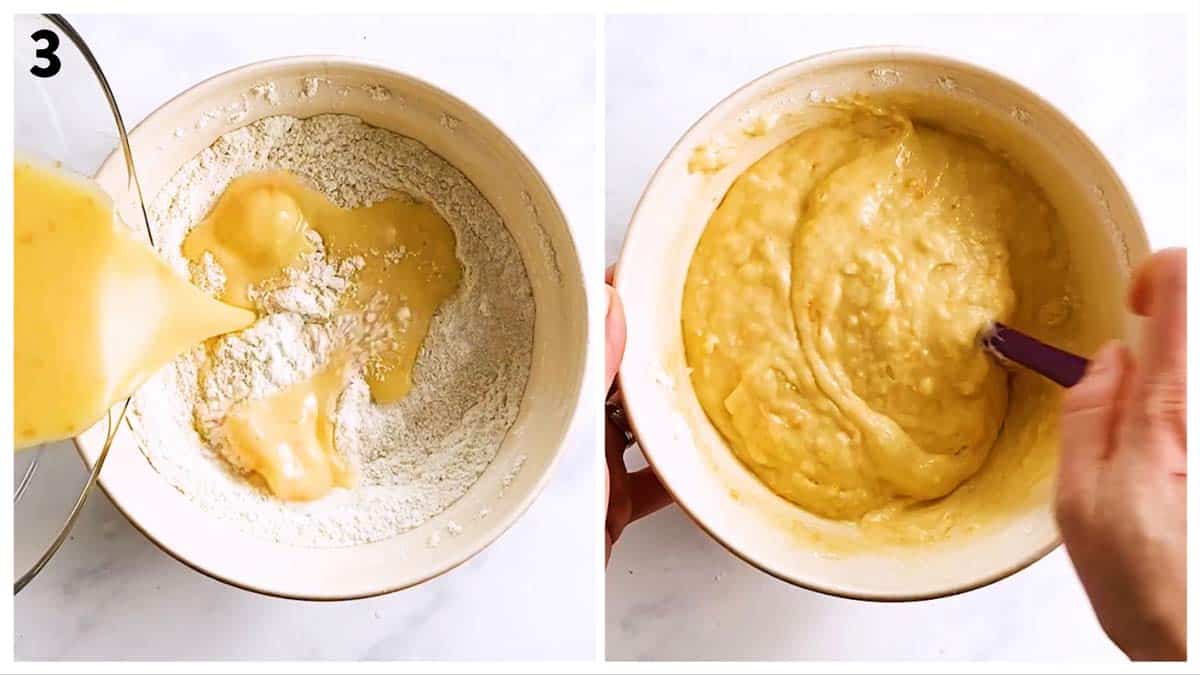 collage of photos to show mixing of quick bread batter