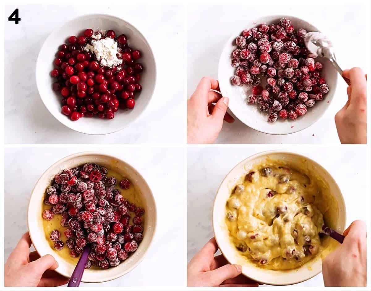 collage of photos to show how to add cranberries to quick bread batter