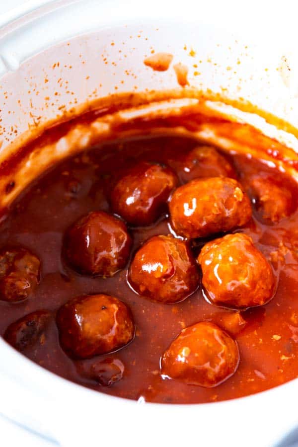 crockpot filled with cranberry bbq meatballs