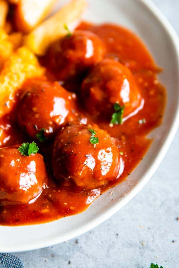 close up photo of crockpot cranberry bbq meatballs