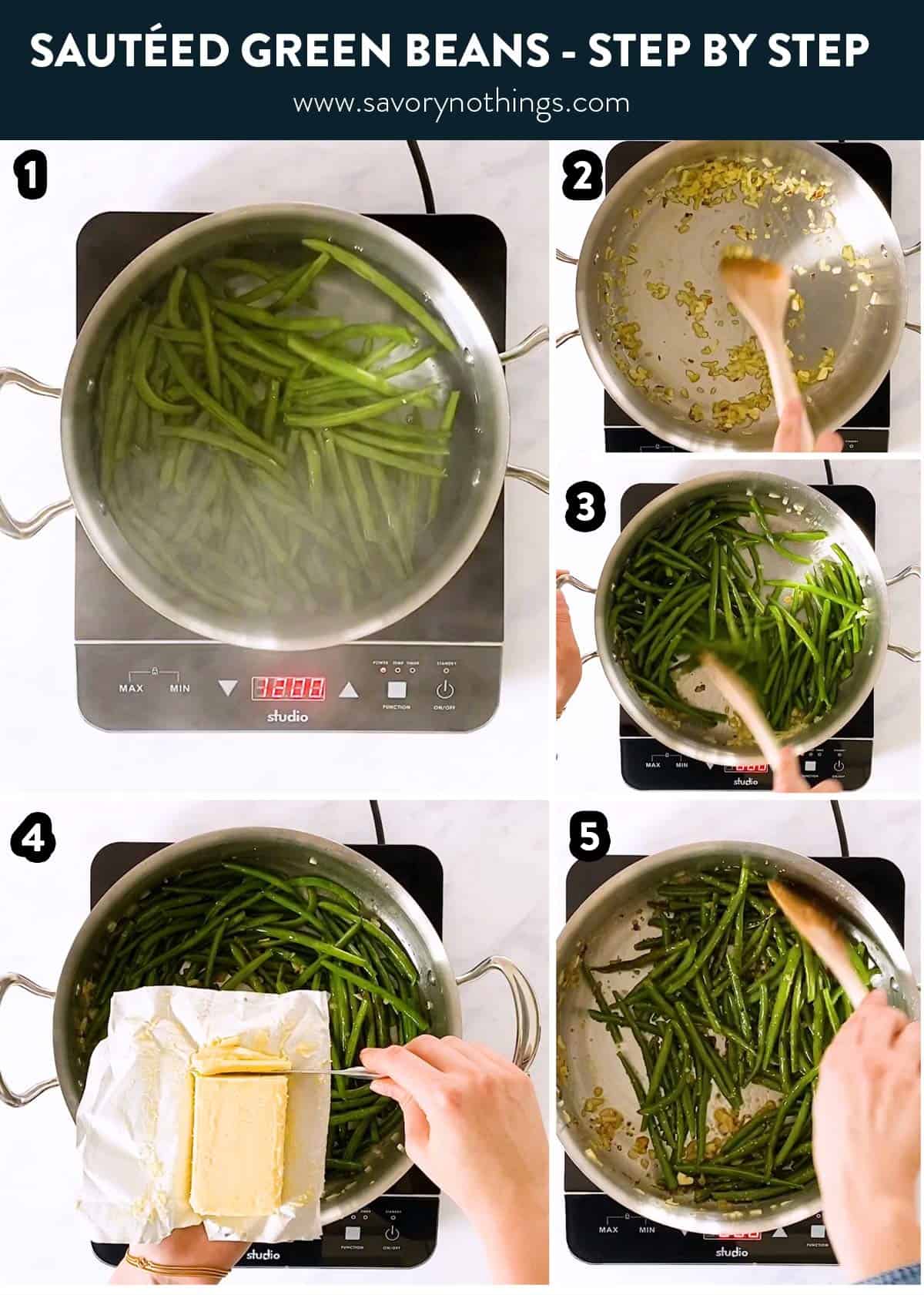 collage of photos to show making of sautéed green beans