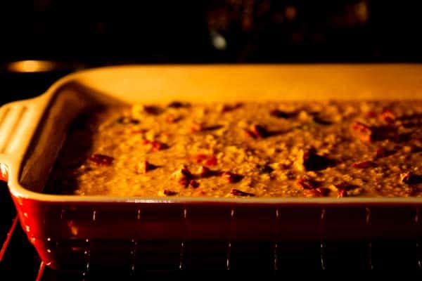 dish with pumpkin baked oatmeal in the oven