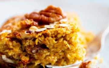 slice of pumpkin baked oatmeal on a white plate