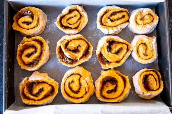 no knead cinnamon rolls in a baking dish