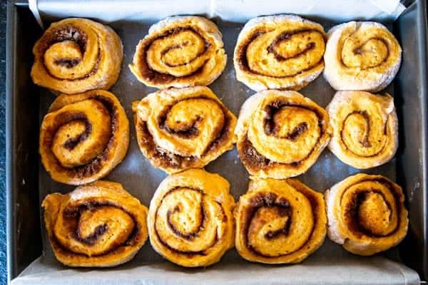 no knead pumpkin cinnamon rolls ready for baking