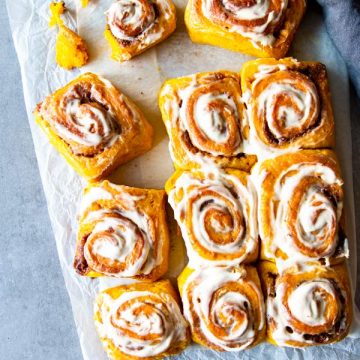 pumpkin cinnamon rolls on the counter