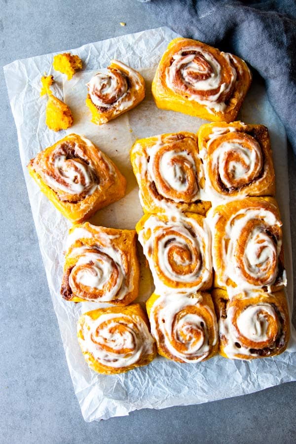 pumpkin cinnamon rolls on the counter