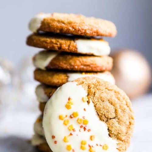 stack of white chocolate dipped gingersnap cookies