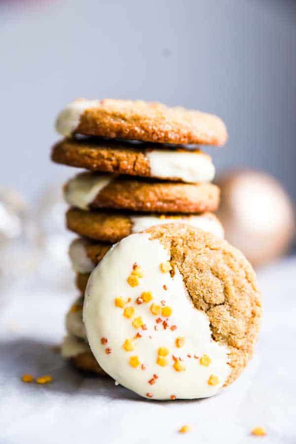 stack of white chocolate dipped gingersnap cookies