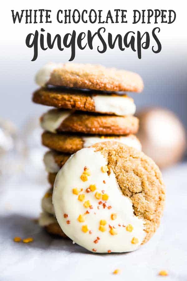 stack of white chocolate dipped gingersnap cookies with text overlay