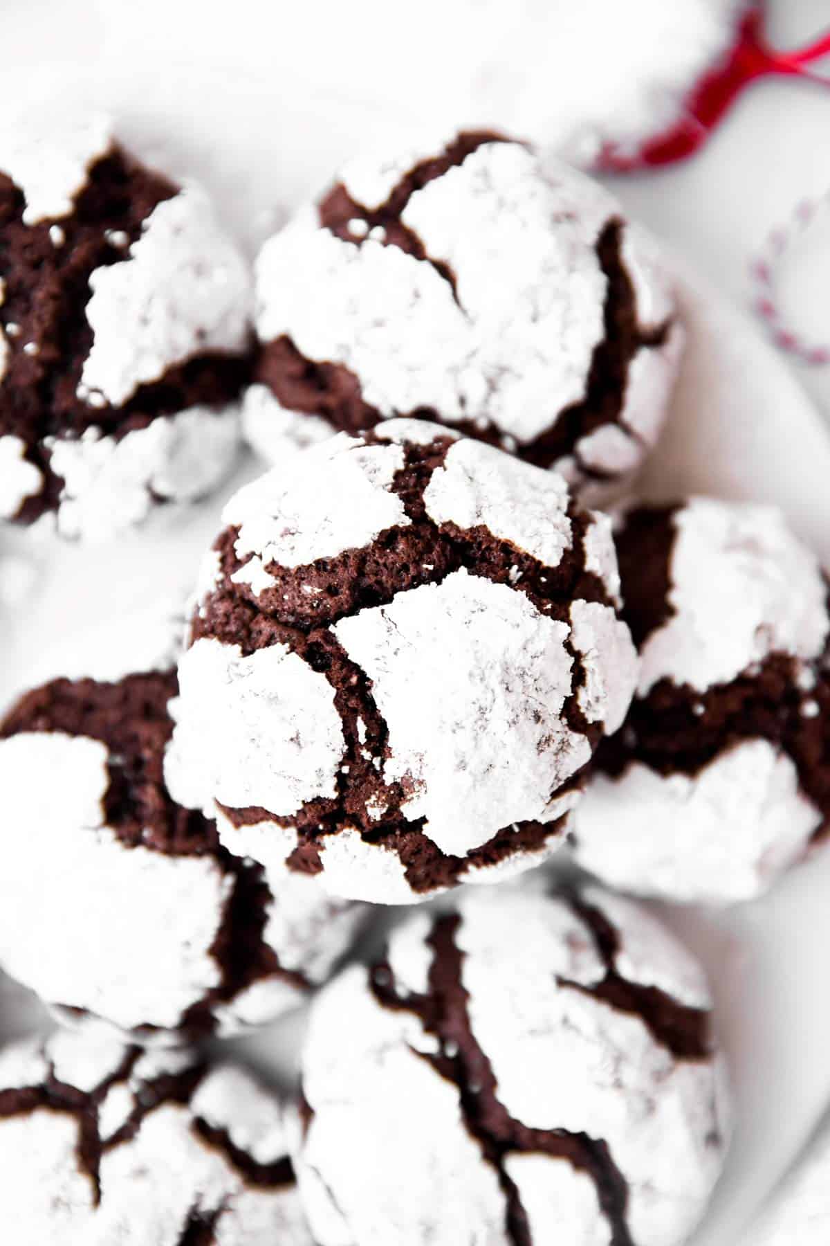 overhead view on pile of chocolate crinkle cookies