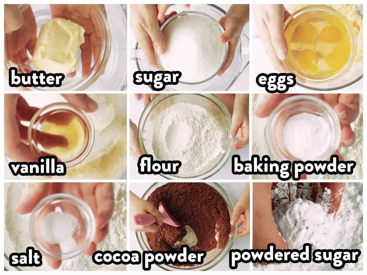 collage of ingredients to make chocolate crinkle cookies