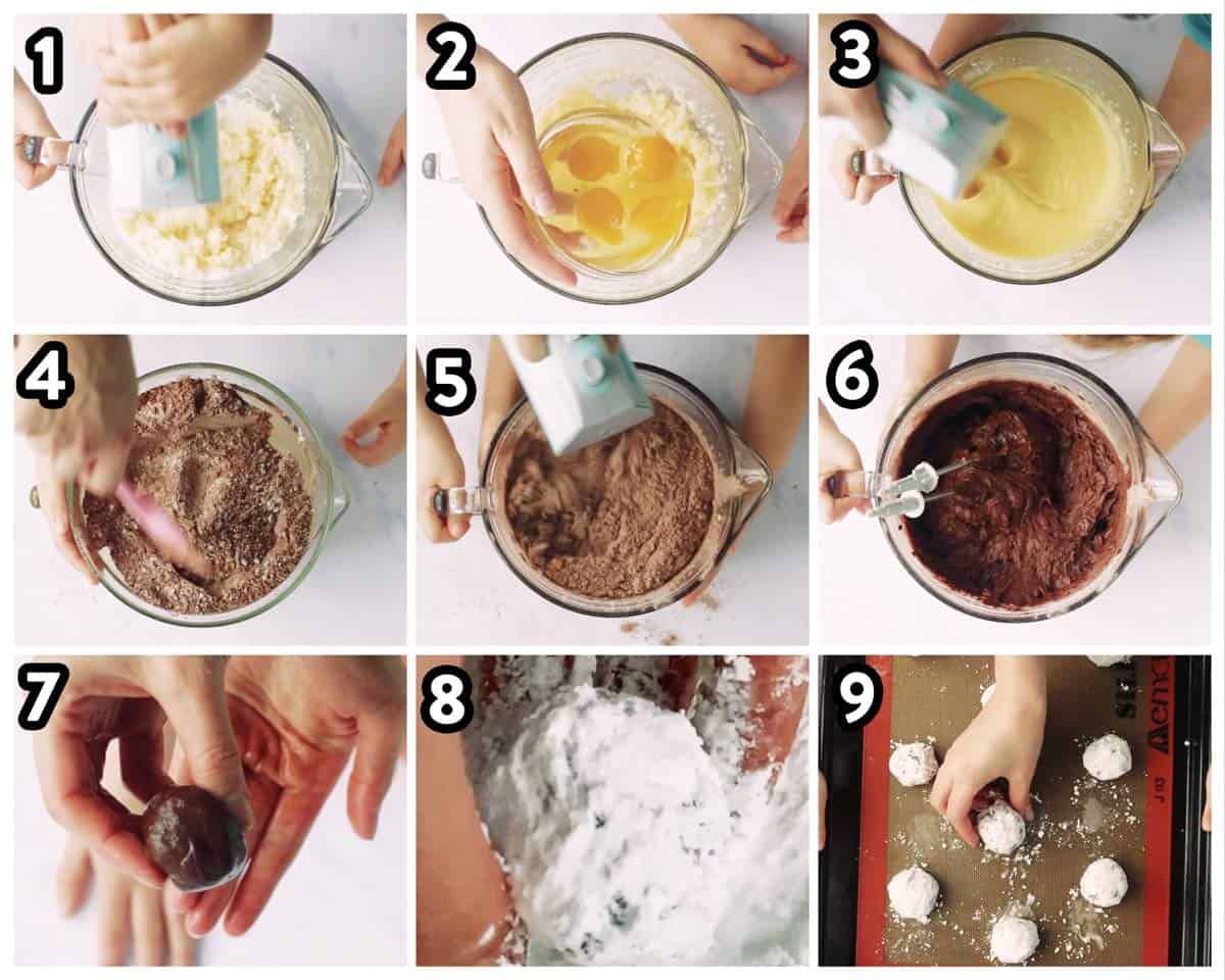 collage of steps to make chocolate crinkle cookies