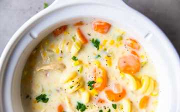 crockpot with creamy chicken noodle soup