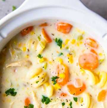crockpot with creamy chicken noodle soup