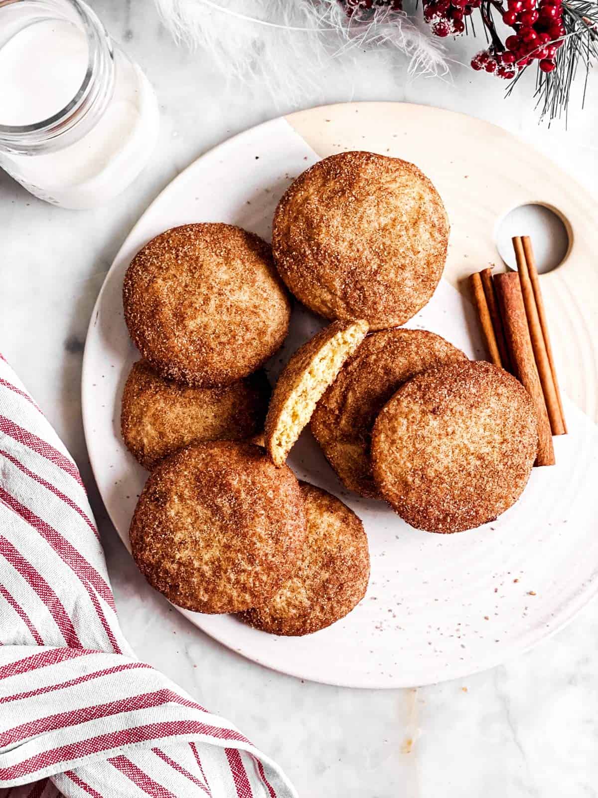 overhead view of snickerdoodle cookies on a white platter