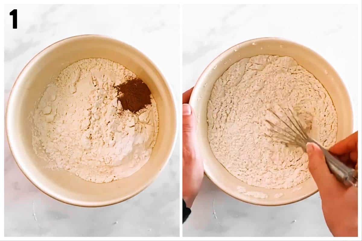 collage of steps to show mixing of dry ingredients to make snickerdoodle cookie dough