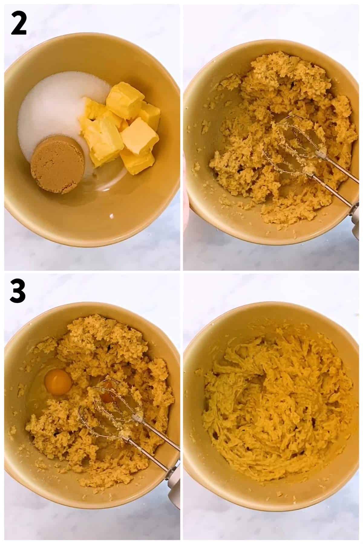 collage of photos to show how to cream ingredients for snickerdoodle cookie dough