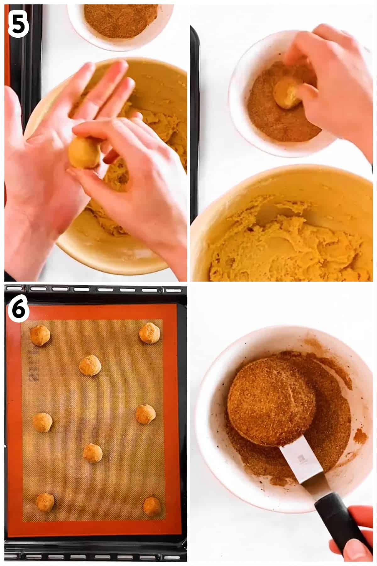 collage of photos to show how to roll and bake snickerdoodle cookies