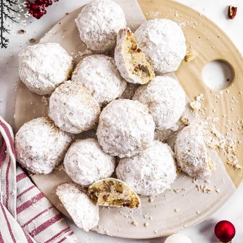 overhead view of platter with snowball cookies