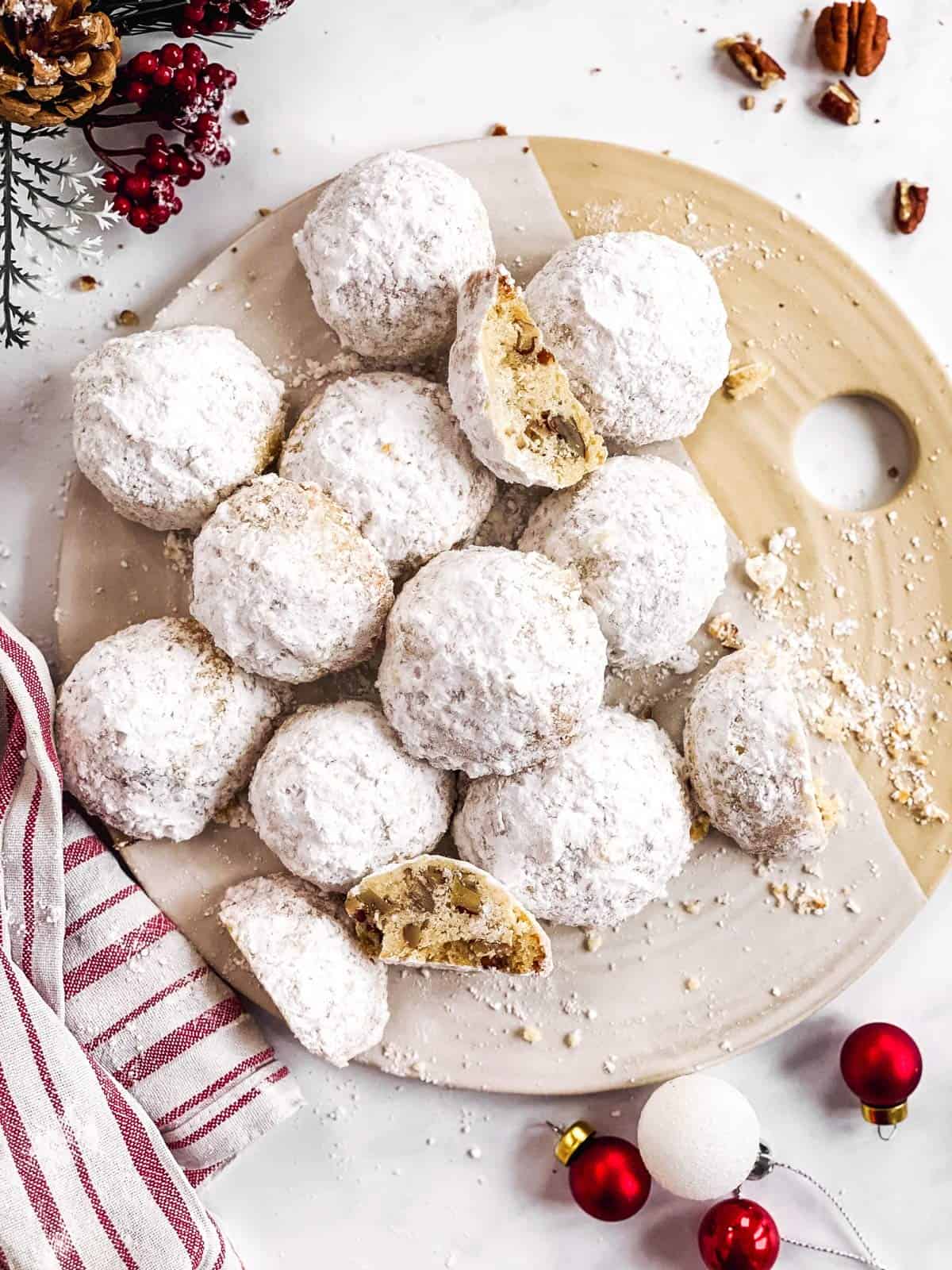 overhead view of platter with snowball cookies