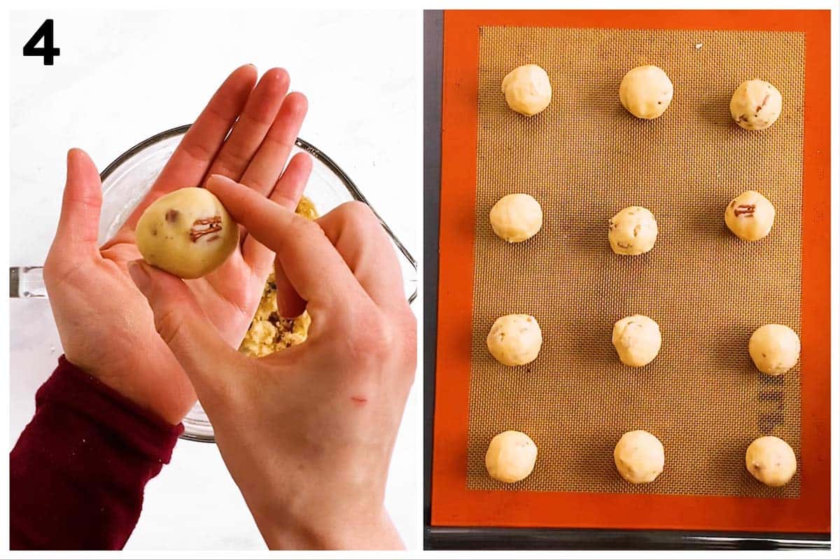 collage of steps to show rolling snowball cookie dough into balls
