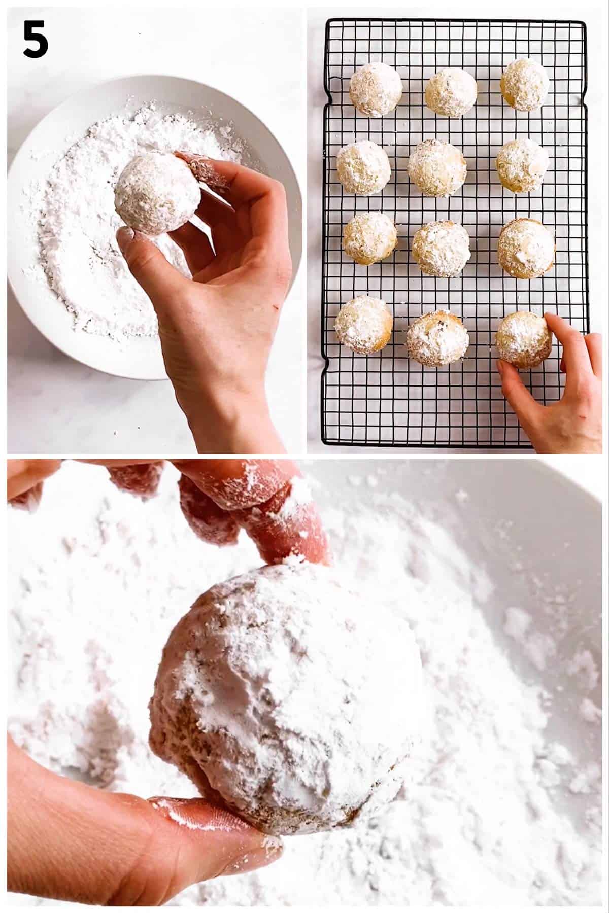 collage of steps to show rolling pecan snowball cookies in icing sugar