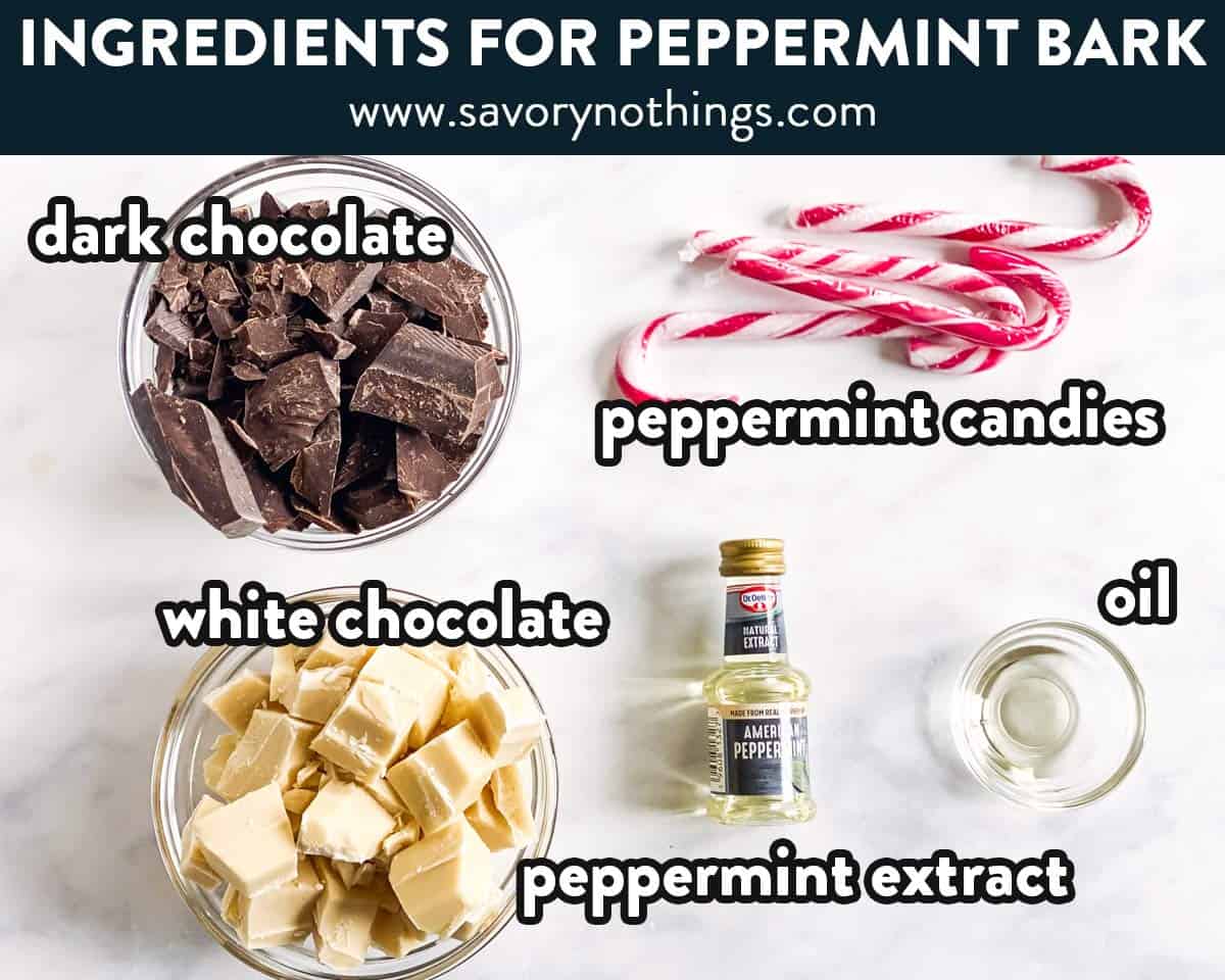 ingredients for peppermint bark with text labels