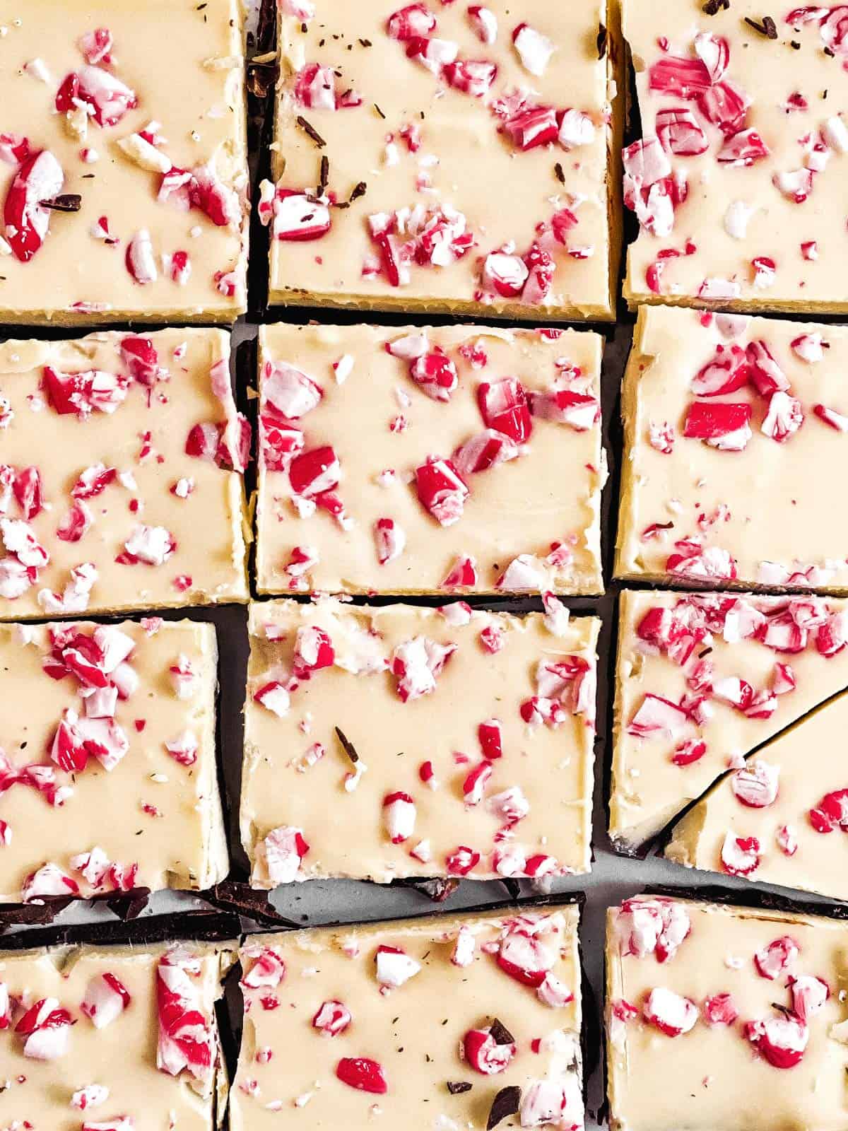 overhead view of sliced peppermint bark