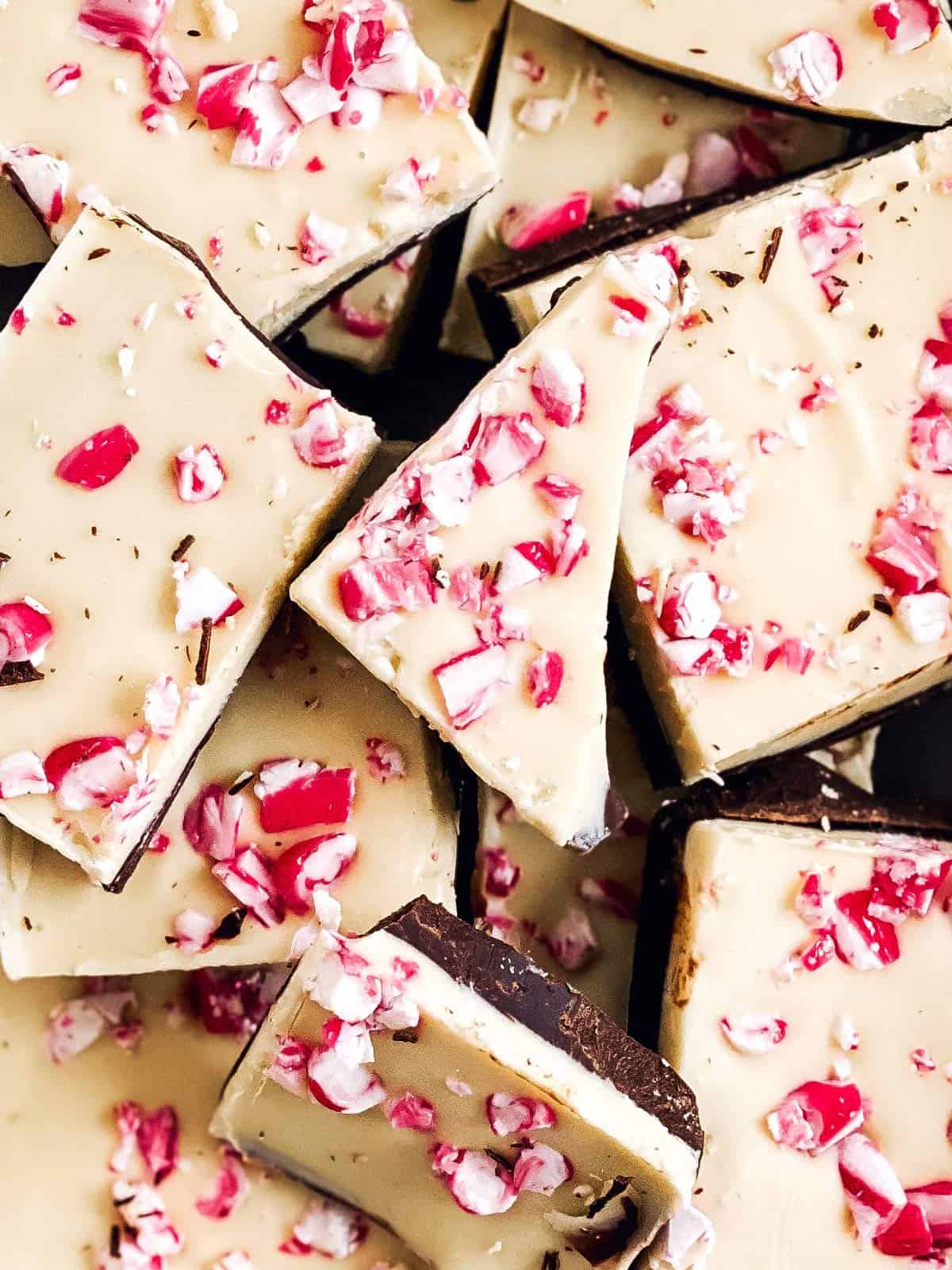 overhead view of pile of peppermint bark