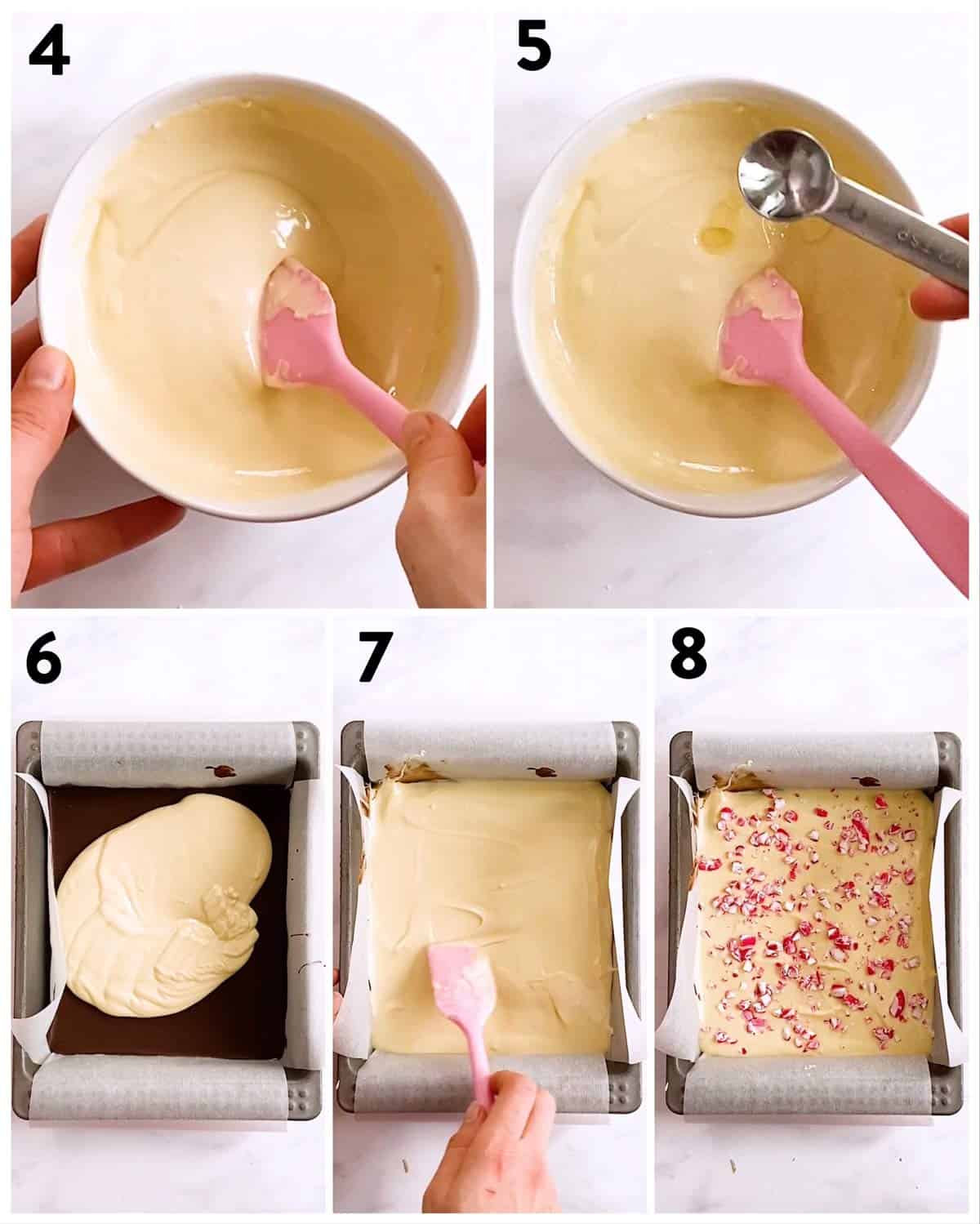 collage to show steps of making white chocolate layer of peppermint bark