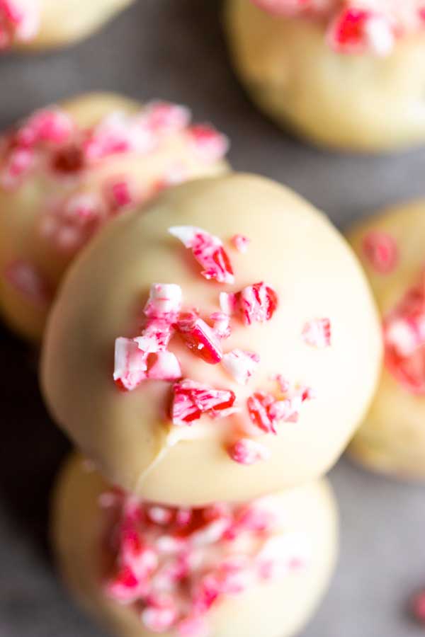 close up photo of a peppermint oreo ball