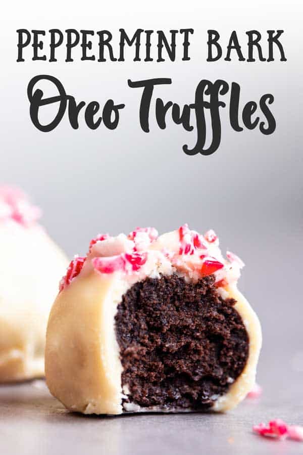 peppermint oreo truffle with a bite taken out and text overlay