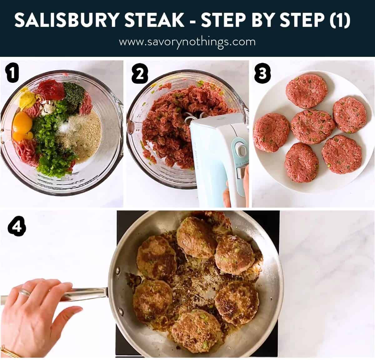 photo collage of making Salisbury steak patties