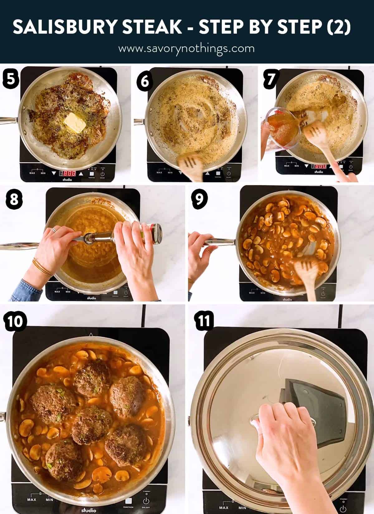 photo collage of making mushroom gravy for Salisbury steak