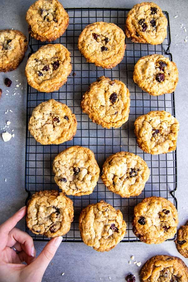 cooling rack with White Chocolate Cranberry Oatmeal Cookies