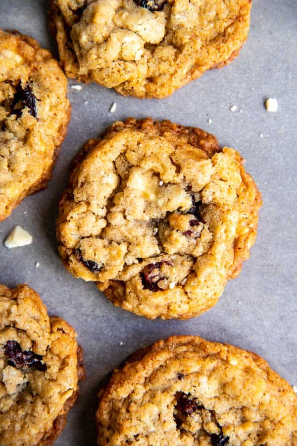 close up photo of White Chocolate Cranberry Oatmeal Cookies