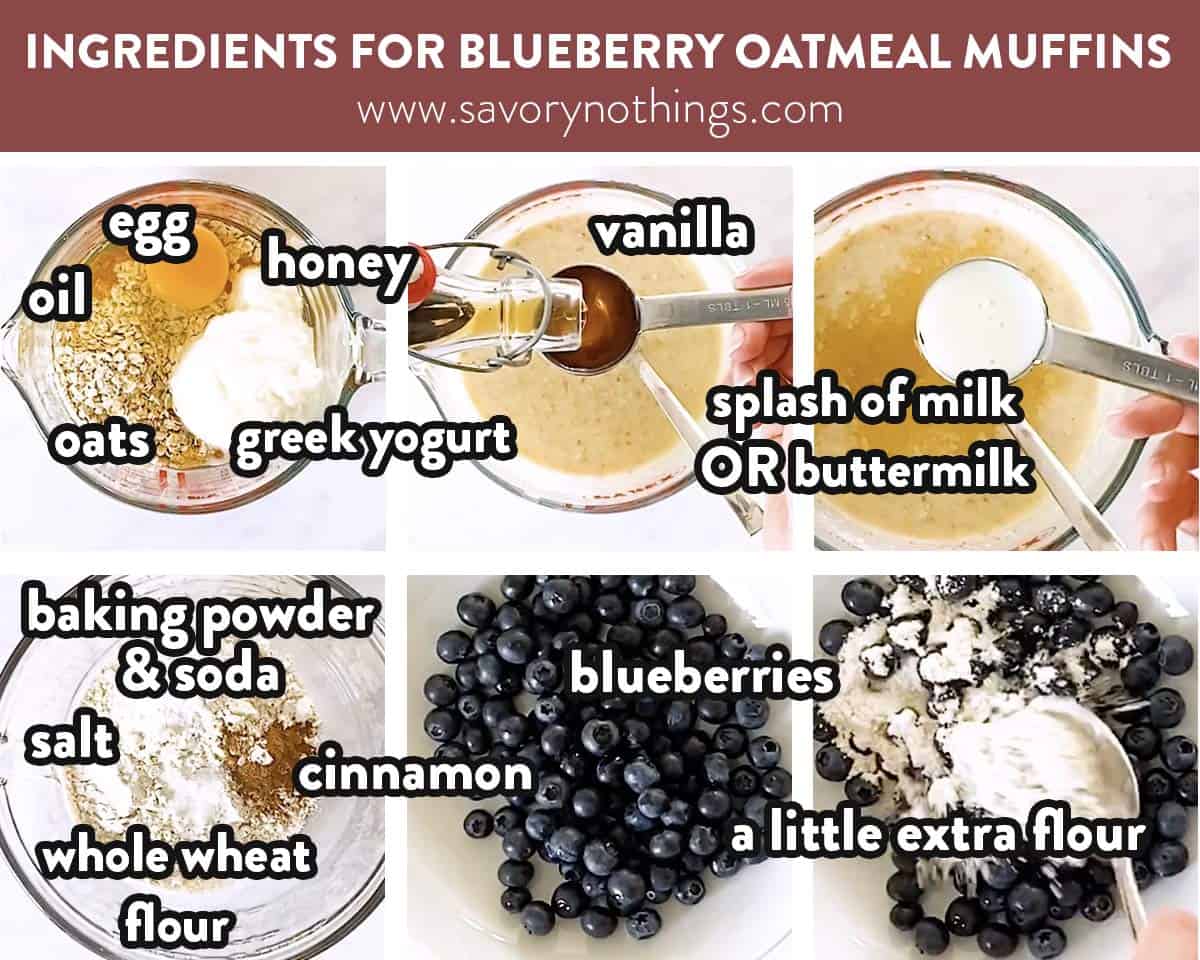 labelled image collage of ingredients for blueberry oatmeal muffins