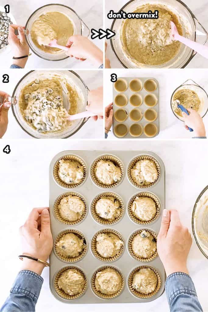 collage of step by step photos to make blueberry oatmeal muffins (2)