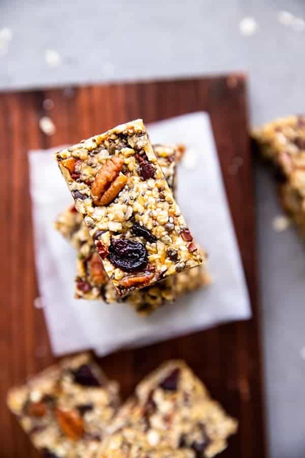 stack of healthy homemade granola bars from top down