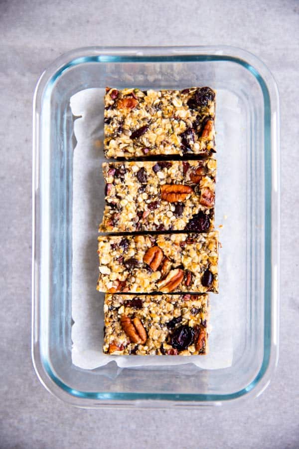 healthy homemade granola bars in a glass container