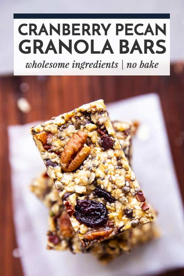 granola bars on a wooden board with text overlay