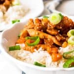 close up of white bowl with apricot chicken and rice