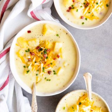 three bowls with instant pot potato soup