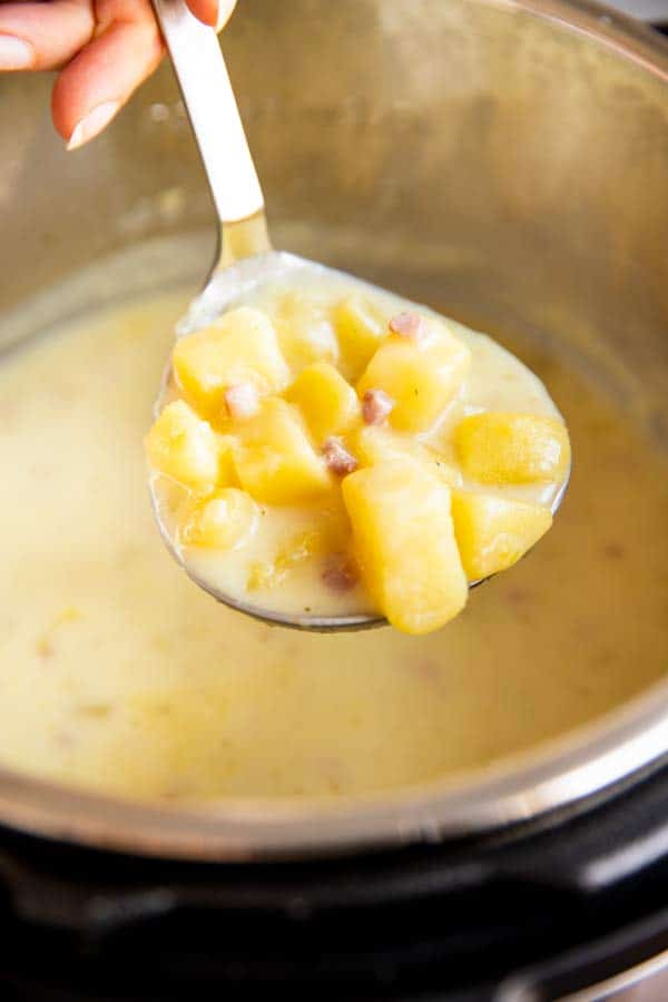 ladle of instant pot potato soup