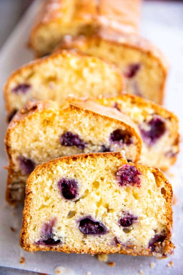 sliced loaf of lemon blueberry bread