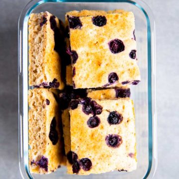 glass box with sheet pan blueberry pancakes