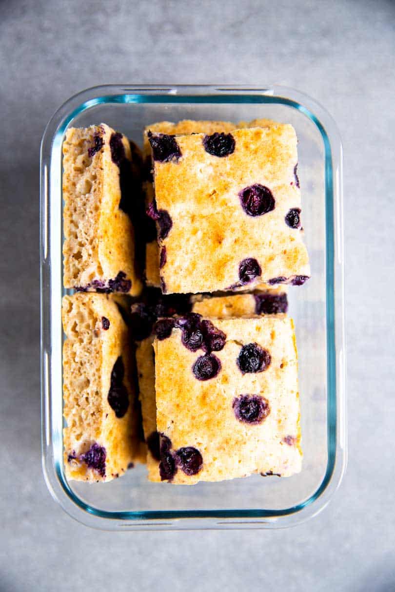 glass box with sheet pan blueberry pancakes